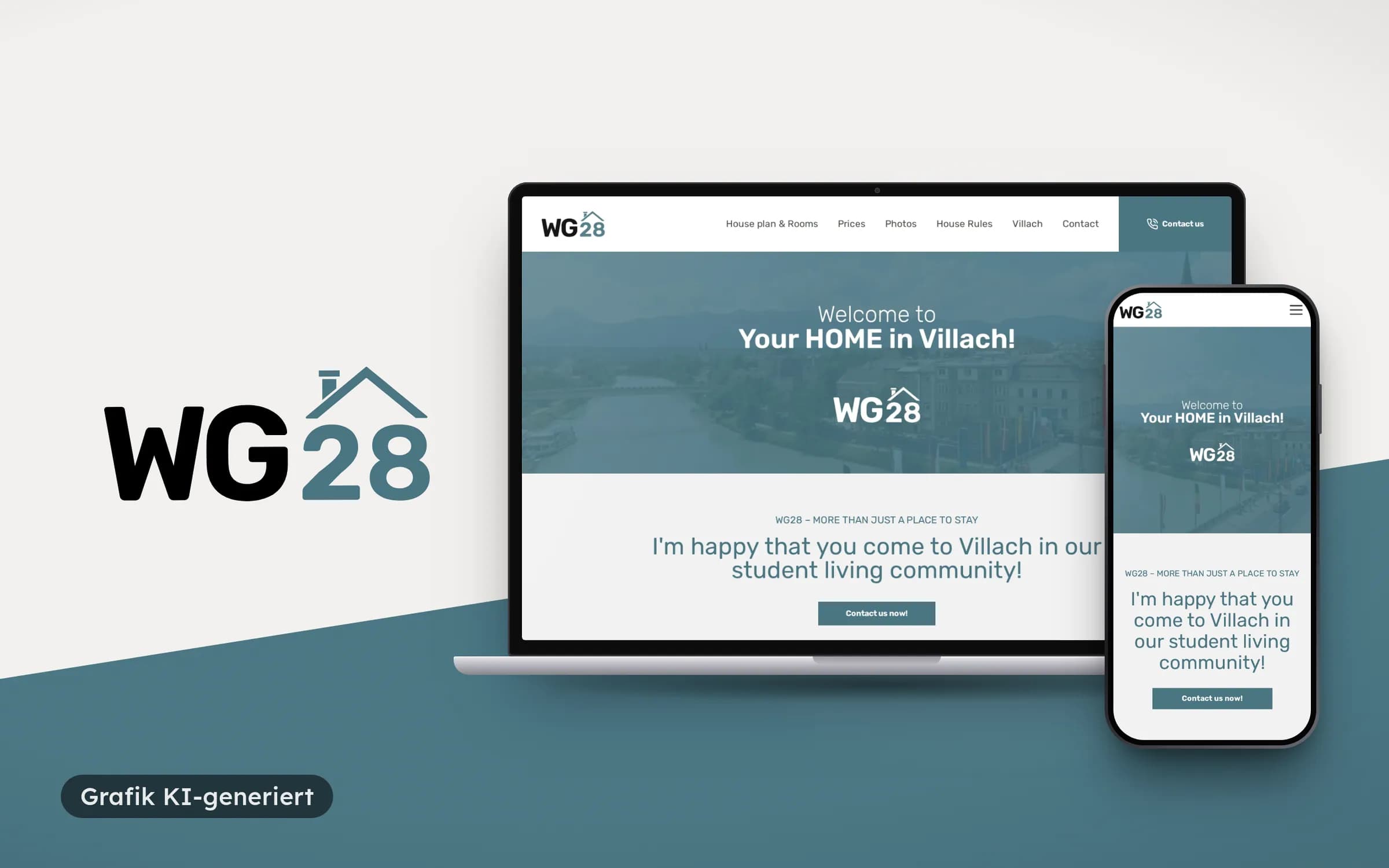 WG28 logo next to a laptop and phone showing the home page “Welcome to your home in Villach”