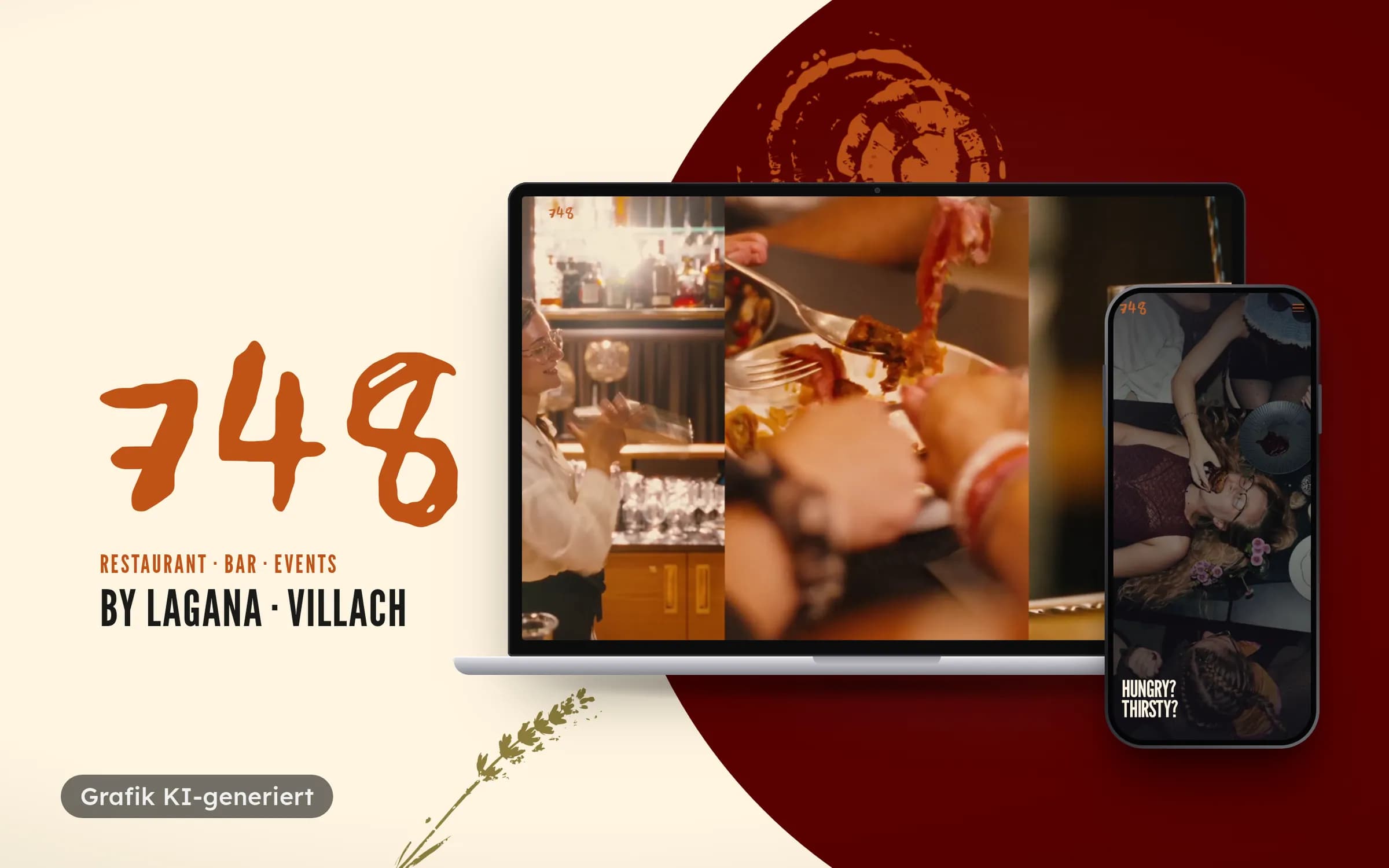 Logo „Seven Four Eight by Lagana“ auf Orange und Dunkelrot neben Laptop mit der Event-Seite „Next at 748.“ und Smartphone mit Küche und Lunch