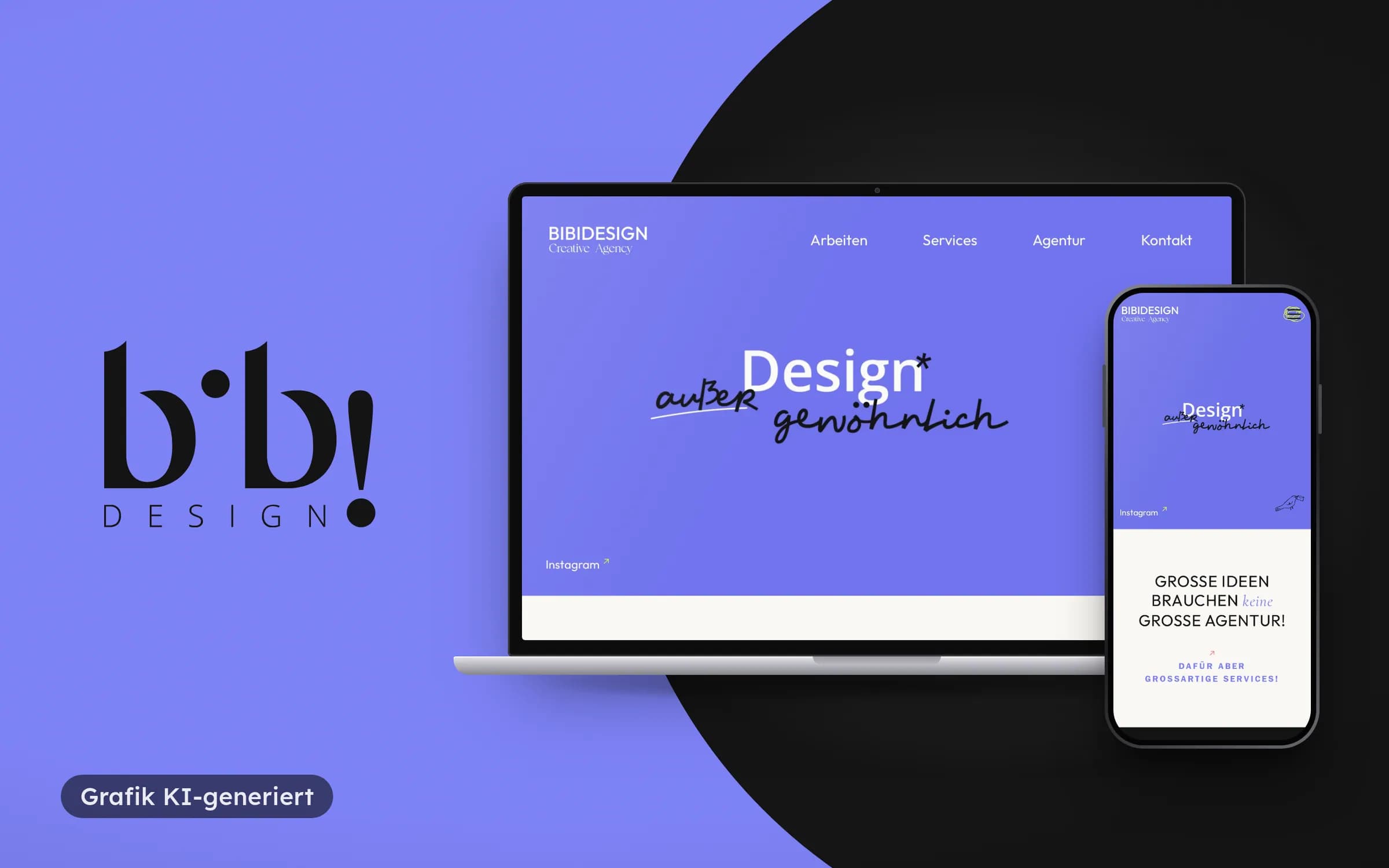 bibidesign-Logo auf Violett und Schwarz neben Laptop und Smartphone mit der Startseite „Design außergewöhnlich“