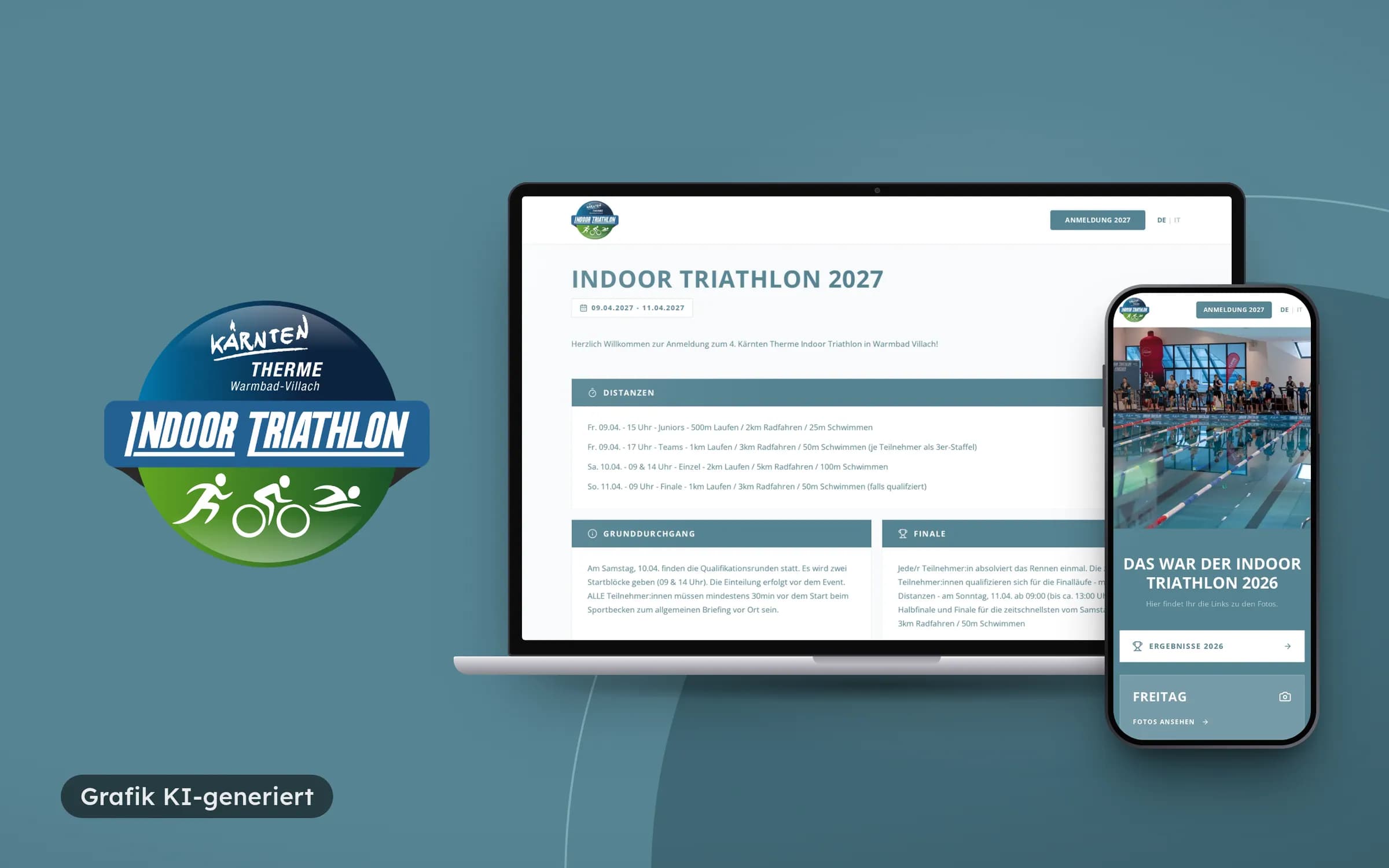 Indoor Triathlon logo on blue-grey next to a laptop with the 2027 race info and a phone with the home page