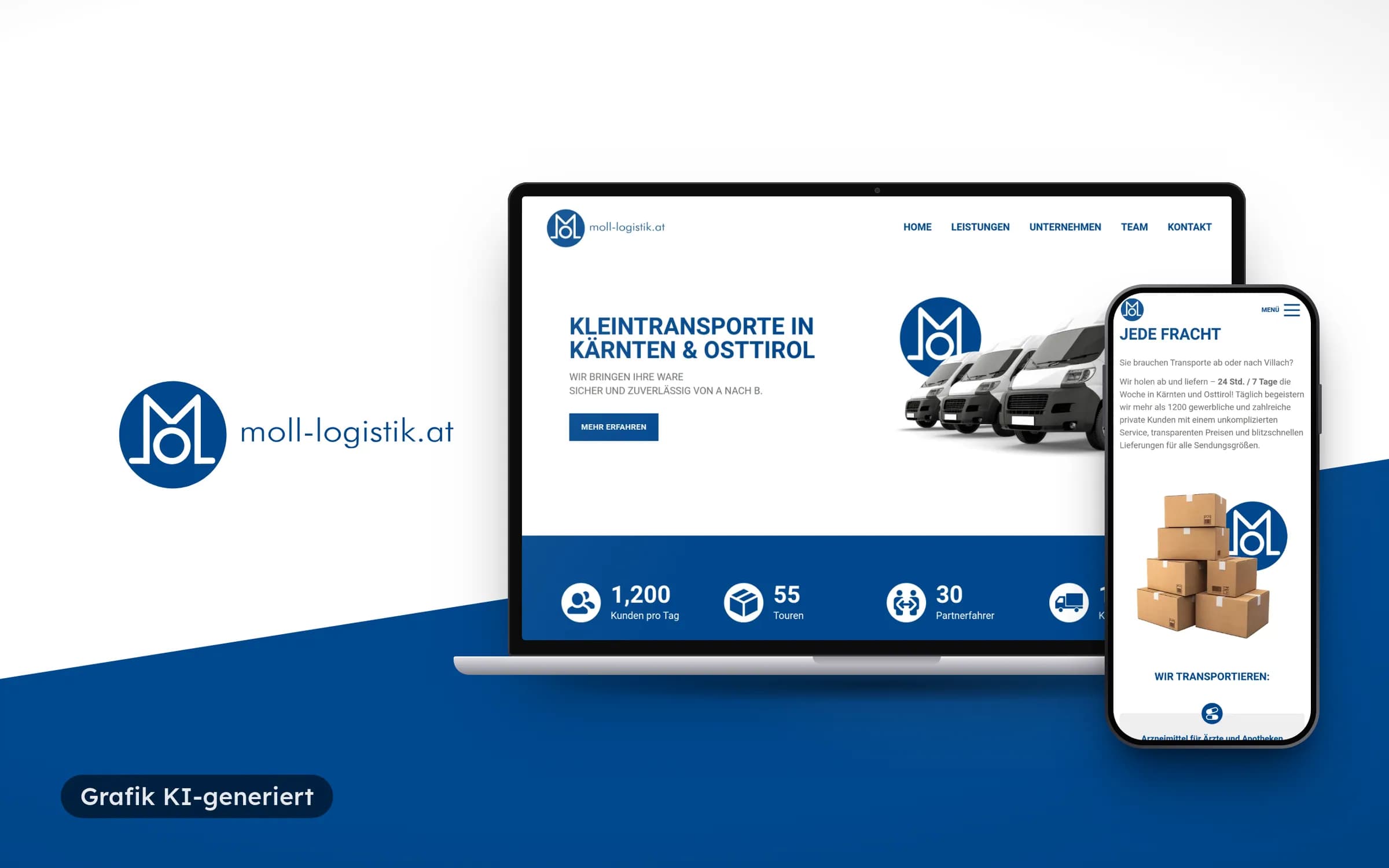 Moll Logistik logo on white and blue next to a laptop and phone showing the home page