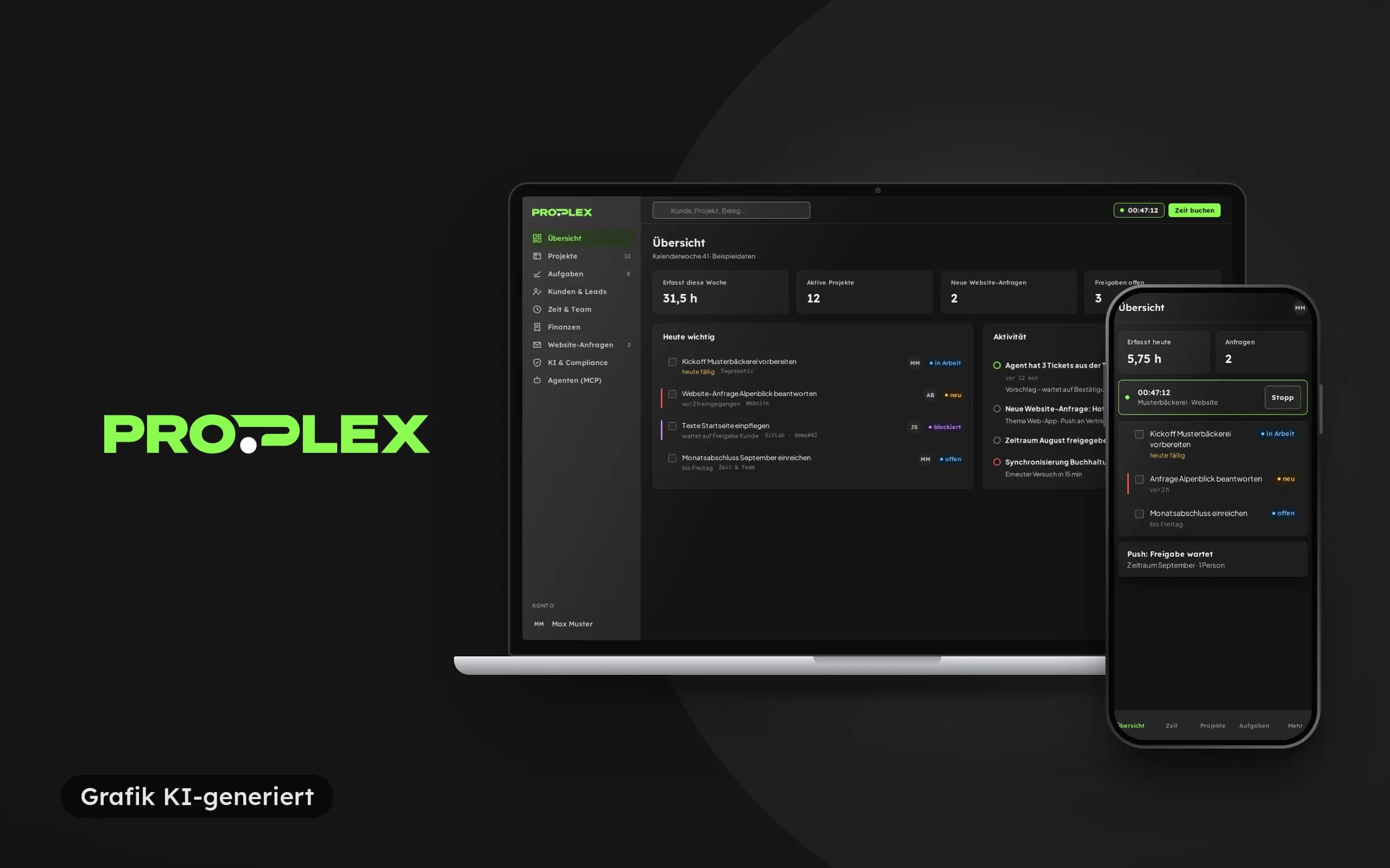 Proplex logo next to a laptop and phone showing the Proplex Dashboard overview (sample data)