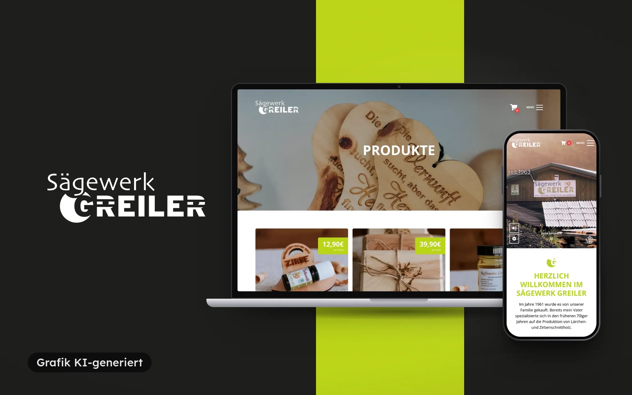 Sägewerk Greiler logo on black and lime green next to a laptop with the products and a phone with the home page