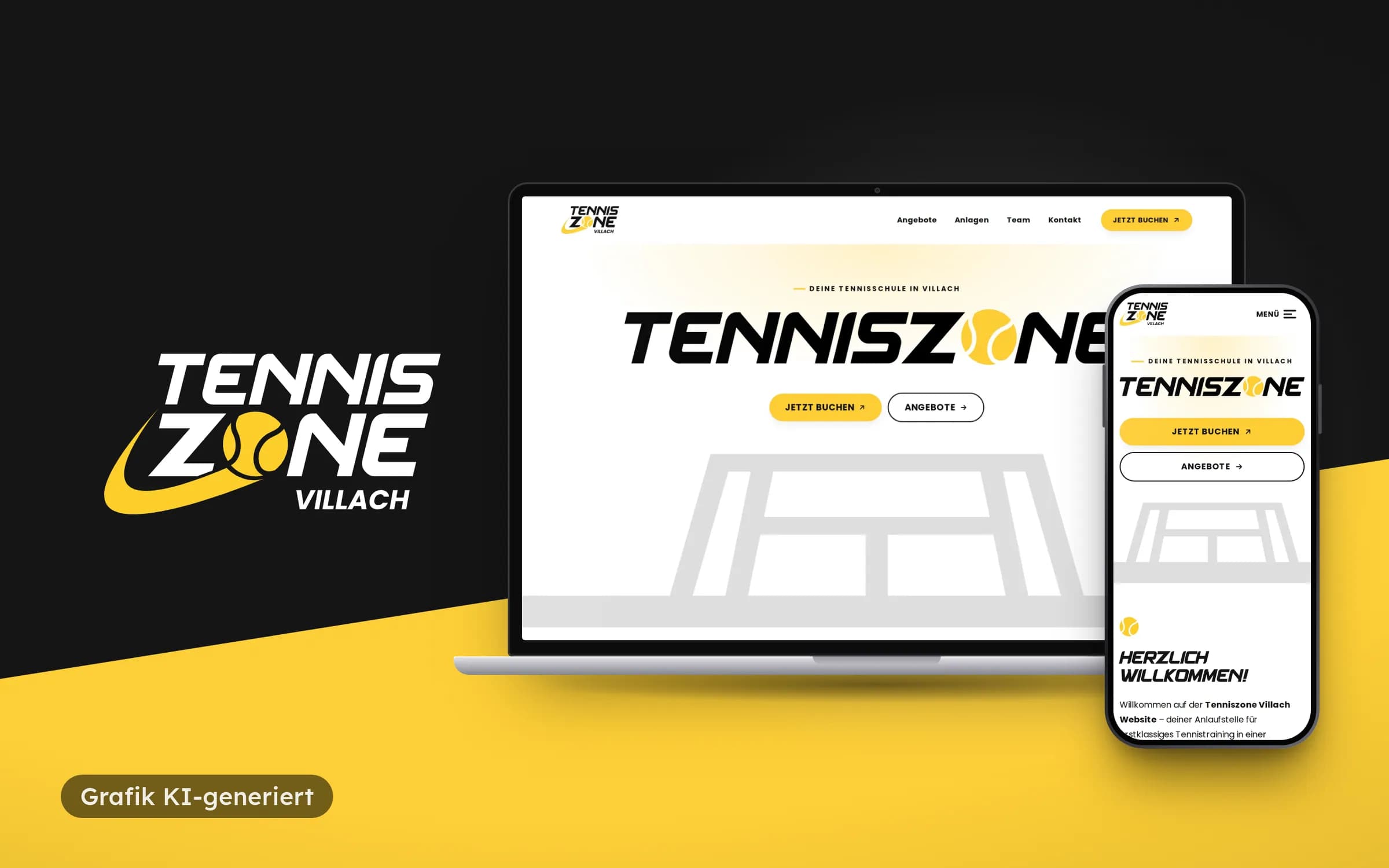 Tenniszone-Villach-Logo auf Schwarz und Gelb neben Laptop und Smartphone mit der Startseite und dem „Jetzt buchen“-Button
