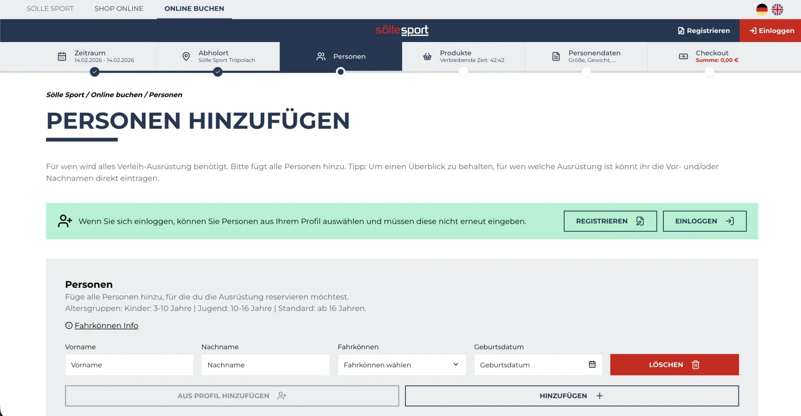 Booking step "Personen hinzufügen" ("Add people") with fields for height, weight and shoe size