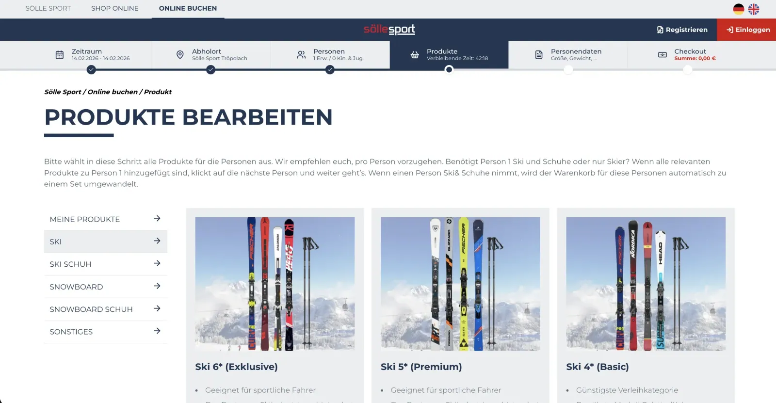 Booking step "Produkte bearbeiten" ("Edit products") with skis in the Economy, Premium and Rocker categories
