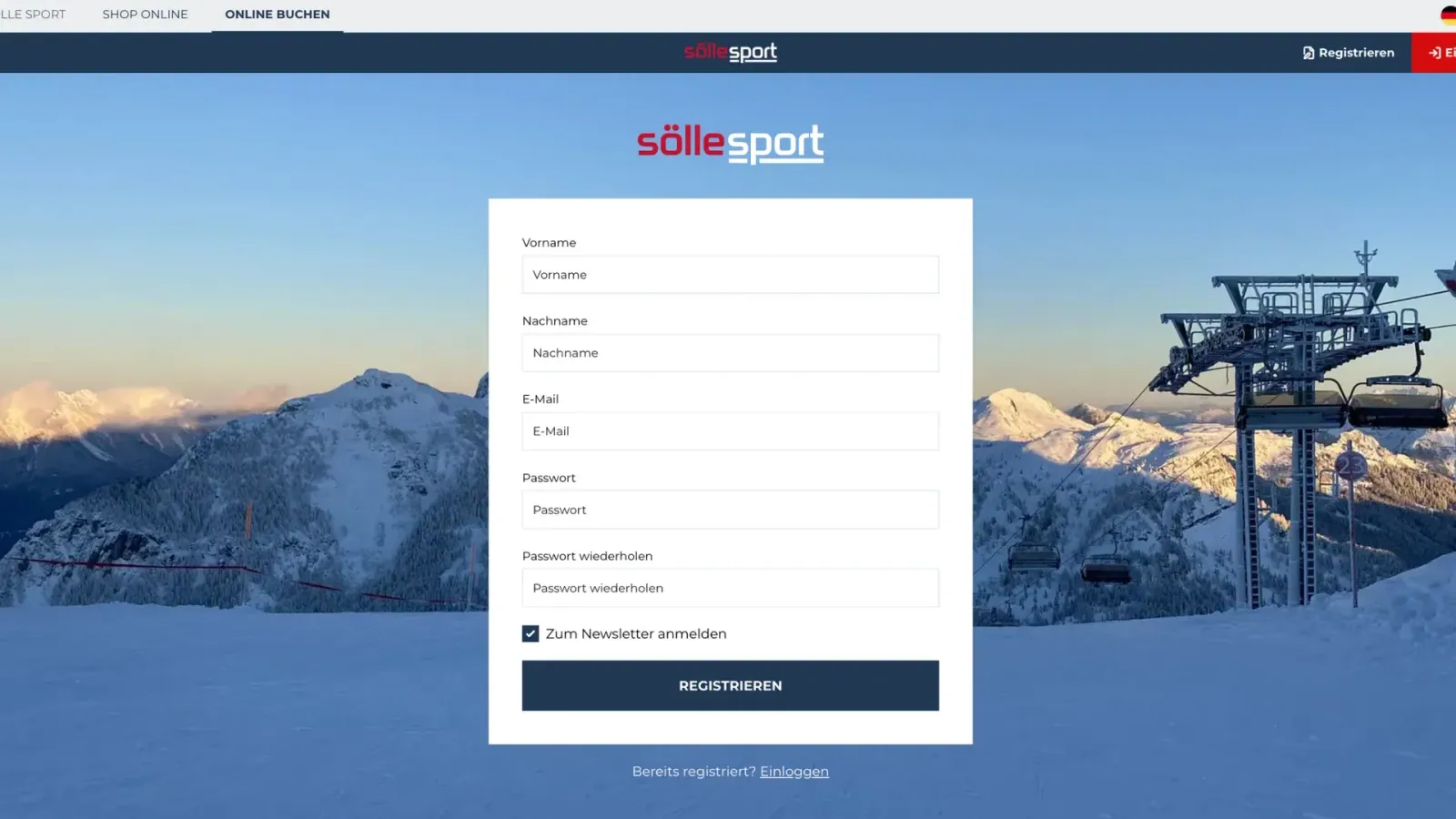 rent.soelle.at registration form in front of a mountain panorama with a chairlift