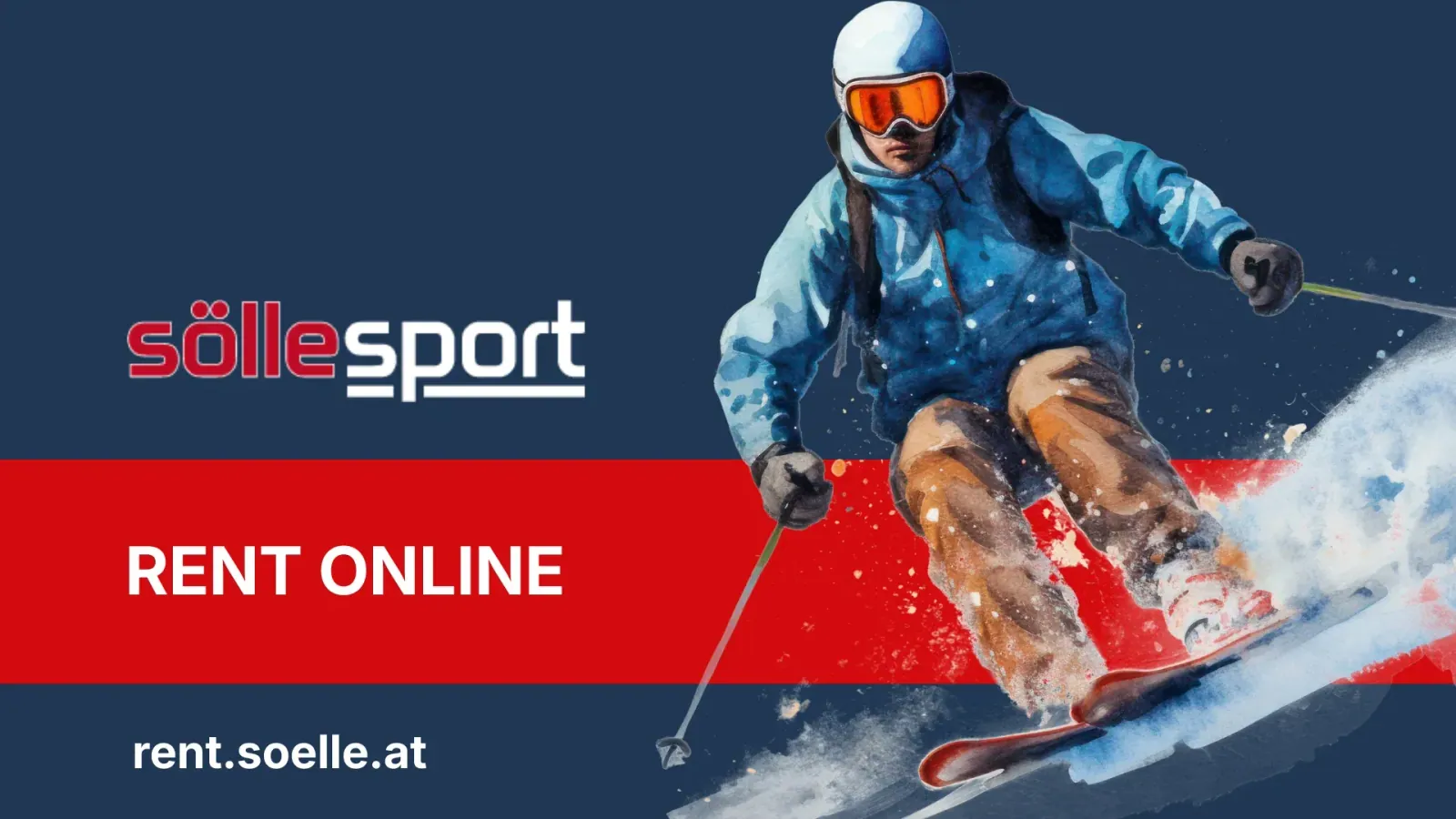 Sölle Sport promotional graphic: "Rent online" on rent.soelle.at with a skier