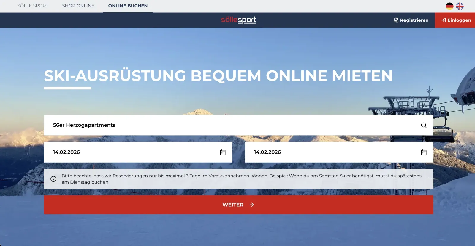rent.soelle.at home page with a search for accommodation and rental period